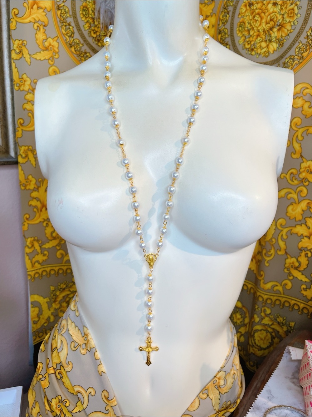 Pearl rosary gold plated Virgin Mary cross necklace 25” + 5” drop